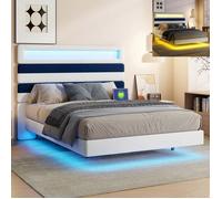 Lit 140x190 cm - USB - LED - style scandinave - Velours - cadre de lit double 140x190 cm - Blanc et bleu