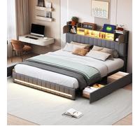 Lit 140x190 - PERGAR - Avec 4 tiroirs - Tête de lit avec rangement - Lumières LED et USB - Lin Gris