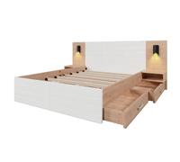 Lit 140x200, 2 tiroirs + 2 tables de chevet, tête lumineuse USB - Sans matelas