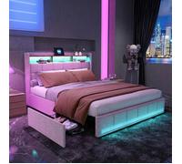 Lit 140x200 avec 4 Tiroirs - Andeonline - Lit Coffre avec LED et USB - avec Rangement - Lit 2 Personnes avec sommier - Métal - Beige