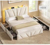 Lit 140x200 avec Sommier et 4 Tiroirs, Lits LED 140x200 avec Multiprise, Tête de lit Réglable en 3 Hauteurs avec Étagère Ouverte, Lit Double 140 x 200 Capitonné en Velours Beige Moderne
