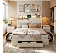 Lit 140x200 avec Sommier LED et USB, COMANLAI, 3 Tiroirs, Tete de Lit Rangement, Tissu Velours, Cadre de lit double 140x200cm, Beige