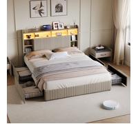 Lit 140x200 avec sommier, Lit 2 personnes avec 4 tiroirs et station de charge USB, Tête d'étagère avec rangement, LED, Lin Beige