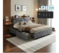 Lit 140x200 avec sommier, Lit 2 personnes avec 4 tiroirs et station de charge USB, Tête d'étagère en bois avec rangement, Gris
