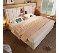 Lit 140x200 avec Sommier USB C et Porte-Gobelet Caché, Lit Coffre 140x200 avec Rangement et Tete de Réglable, Double Hydraulique avec à Lattes 2 Personnes, Capitonné Cadre de Lin(Sans Matelas)