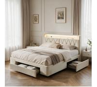 Lit 140x200 cm, 3 tiroirs et rangements, LED et Type-C, lit double avec sommier, tissu en velours, beige