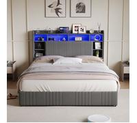 Lit 140x200 cm avec 4 tiroirs et lumineuse LED, Lit 2 personnes 140x200 cm, Lit double 140x200 cm, Sommier à lattes, Tissu en lin