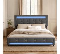 Lit 140x200 cm avec LED et USB, Lit coffre avec 4 tiroirs, Lit double avec sommier, Lit capitonnée, Hauteur réglable, Tissu lin gris
