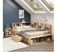 Lit 140x200 cm avec sommier, rangements intégrés (tiroirs, étagères, armoire), table de chevet et recharge sans fi STRUCTURE DE LIT