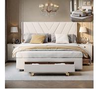 Lit 140x200 cm - RAVAS - 3 tiroirs - Tissu en lin beige - Sommier à lattes - Adulte