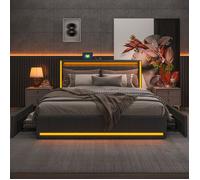 Lit 140x200cm avec 4 tiroirs Lit double avec lumières LED port de chargement sommier à lattes lit adulte rembourré Lin Gris