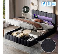 Lit 140x200cm avec LED tête de lit, Lit capitonné avec Rangement, Lit Coffre, Lin, Gris