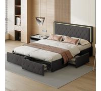 Lit 140x200cm Avec LED Tête De Lit Relevable, Lit Capitonné Avec 4 Tiroirs Et Rangement Lit, Gris