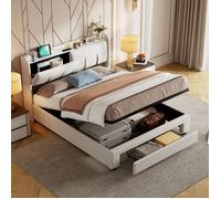 Lit 160 x 200 avec sommier, lit double avec tiroirs et ports USB, tête de lit Cache rangement, cadre de lit 160x200, velours, beige