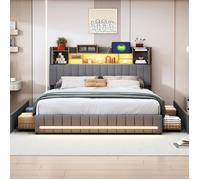 Lit 160 x 200 cm avec sommier,lit 2 personnes avec tiroirs,LED,multiprise,lit double avec cadre à lattes en bois,lit adulte,lin gris