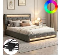 lit 160x200 avec led et 4 tiroirs, sommier à lattes, cadre de lit adulte 160x200 avec tete de lit, lit double, tissu en lin, gris