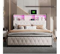 Lit 160x200 avec LED et USB, lit double avec sommier à lattes et 4 tiroirs, tete de lits avec rangement, lit adulte, velours, beige