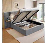 Lit 160x200 avec rangement, lit rembourré équipé de lampes de lecture, de ports USB et de type C, de petites tables de chevet latérales, d'un espace de rangement à ressort à gaz. Lit moderne recouvert