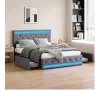 Lit 160x200 avec sommier, 4 tiroirs, tête de lit réglable avec LED et USB, tissu en lin, 2 places