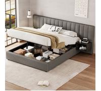 Lit 160x200 avec Sommier et 2 Table de Chevet, Lit Coffre Rangement pour Adulte Ado,King Size,Tête de Lit Longue,Lin,Gris et Noir