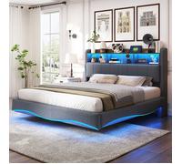 Lit 160x200 avec Sommier et Bandes LED, Lit 2 Personnes pour Adulte Ado avec Rangement, Ports USB et Type-C, Tissu Lin, Gris
