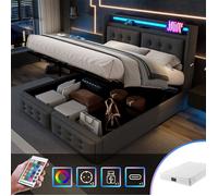 Lit 160x200 avec Sommier et Matelas - Lit Coffre de Rangement 2 Personnes - LED - USB C - Cadre de Lit King Size - Coton Lin - Gris