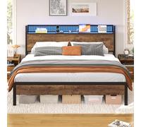 Lit 160x200 avec Sommier et Rangement, Cadre de Lit 160x200 en Métal avec Éclairage LED Réglable et Multiprise, Tête de Lits avec Panneau Perforé, Lits Double Style Industriel Marron Rustique
