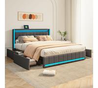 Lit 160x200 Avec Sommier LED Et USB, Lit Coffre 140x200 Avec Lattes Et 4 Tiroirs , Gris