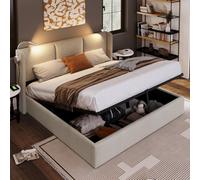 Lit 160x200 avec Sommier LED et USB, Lit Double avec à Lattes et Espace de Rangement, Leinen, Gris