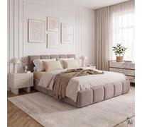 Lit 160x200 CLOUDY design bubble avec sommier, rembourré - Beige | 221 × 95 × 171 cm (L × H × P), Queen size, Revêtement en tissu chenille, Lit double moderne