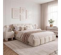 Lit 160x200 CLOUDY design bubble avec sommier, rembourré - Blanc Crème | 221 × 95 × 171 cm (L × H × P), Queen size, Revêtement en tissu chenille, Lit double moderne