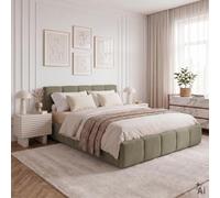 Lit 160x200 CLOUDY design bubble avec sommier, rembourré - Olive | 221 × 95 × 171 cm (L × H × P), Queen size, Revêtement en tissu bouclé, Lit double moderne