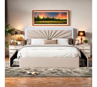Lit 160x200 cm avec 4 tiroirs de rangement, tête de lit avec éclairage LED, revêtement en tissu beige – Lit coffre moderne