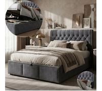Lit 160x200 cm, avec coffre de lit et hydraulique, style chesterfield, cadre de lit double, sommier à lattes, tissu velours, gris