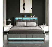 Lit 160x200 cm, avec LED et 4 tiroirs, lit double, lit capitonné, avec sommier à lattes, tete de lit, USB, tissu en lin, gris