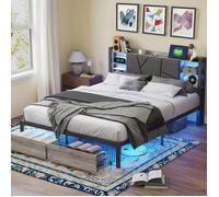 Lit 160x200 cm avec sommier, Chambre complete adulte, cadre de lit double avec LED et USB, 2 Tiroirs, Tête de lit Rangement, PU Noir