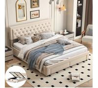 Lit 160x200 cm avec sommier,Chambre complete adulte,lit deux place,Lit coffre 160x200,Cadre de lit,Rangement,2 Tiroirs,Velours,Beige