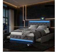 Lit 160x200 cm avec sommier et 4 tiroirs, Lit double avec LED, Lit adulte avec USB et Type-C, avec tête de lit réglable, lin, gris