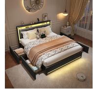Lit 160x200 cm avec tiroirs, lit double avec éclairage LED, 4 tiroirs, chargement USB et Type C, sommier à lattes, lit adulte, gris