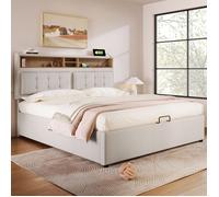 Lit 160x200 cm en lin beige, tête réglable ±12 cm, prises EU + USB/Type-C et grand coffre sous lattes (avec matelas)