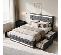 Lit 160x200 cm, grand lit double, 4 tiroirs, LED et USB-C, bords arrondis, sommier inclus, tissu en lin, gris