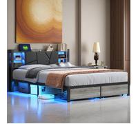 Lit 160x200 cm, USB et Type-C, RGB LED, Scandinave, lit double, cadre de lit adulte 160x200 cm, PU, Noir