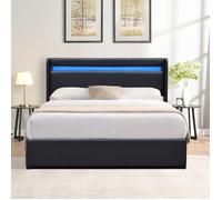 Lit 160x200 coffre déhoussable avec tête de lit LED - 12 lattes - montage rapide et facile - revêtement PVC simili facile d'entret