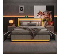 Lit 160x200cm avec 4 tiroirs, Lit double avec lumières LED, port de chargement, sommier à lattes, lit adulte rembourré, Lin, Beige