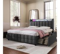 Lit 160x200cm avec tiroirs, Lit double capitonné avec rangement, éclairage LED, 2 chargeurs USB, lit adulte, sommier à lattes, gris