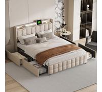 Lit 160x200cm avec tiroirs, Lit double capitonné avec rangement, éclairage LED, 2 chargeurs USB, lit adulte, sommier à lattes, beige