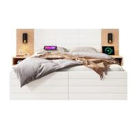 Lit 180×200 cm en bois massif/MDF avec tiroirs, lampe de lecture orientable & USB, chêne clair/blanc
