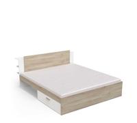 Lit 180 x 200 Avec Rangement 2 Tiroirs 2 Niches - Style Scandinave - Coloris Blanc Mat & Chêne Kronberg - 185 x 88 x 223 cm