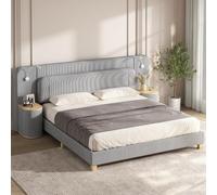 Lit 180 x 200 cm, Gris, avec 2 Chevets et Lampes LED | Velours côtelé et MDF, tête rembourrée, chevets à 2 niveaux et éclairage de chaque côté pour organiser l'espace nuit