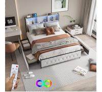 Lit 180x200 avec LED et ports USB,4 Tiroirs,Lit Capitonné en Velours avec Tête de Lit et Sommier,Lit Adulte pour 2 Personnes,Beige